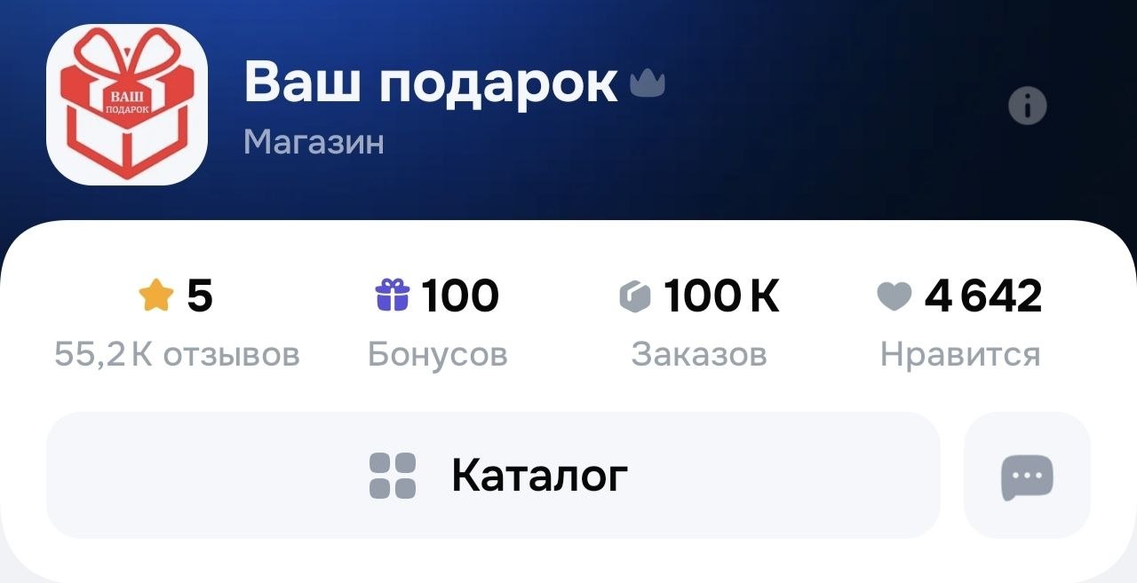 Шапка магазина «Ваш подарок» на Ozon: рейтинг 5, 55,2 К отзывов, 100 К заказов, 4 642 «Нравится»